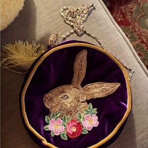Unlogical Poem Embroidered Rabbit Purple Velvet Purse with gold chain strap